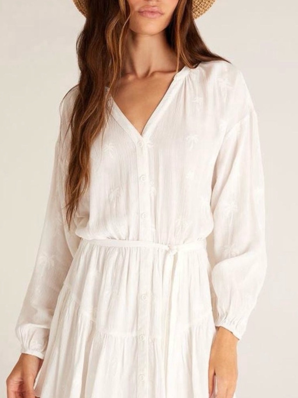 Z Supply Women's White V-Neck Long Sleeve Tiered Dress